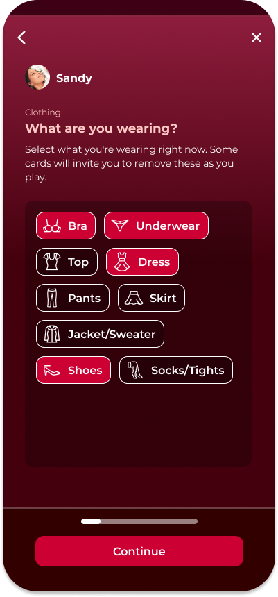 Screenshot of female clothing selection in Love & Lust