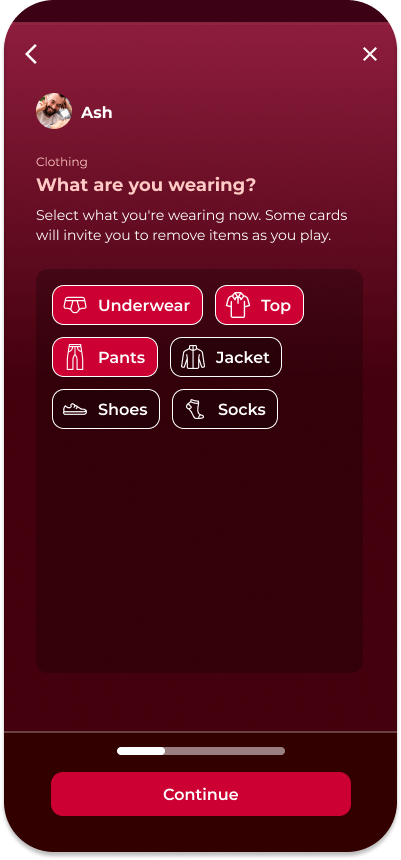 Screenshot of male clothing selection in Love & Lust