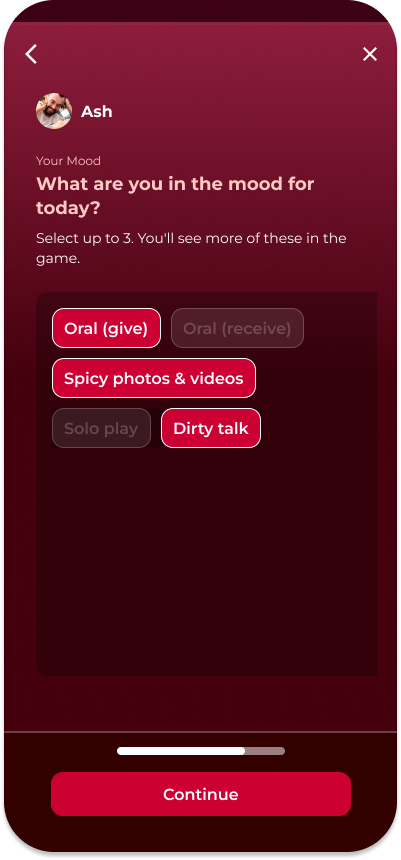 Screenshot of mood selection in Love & Lust