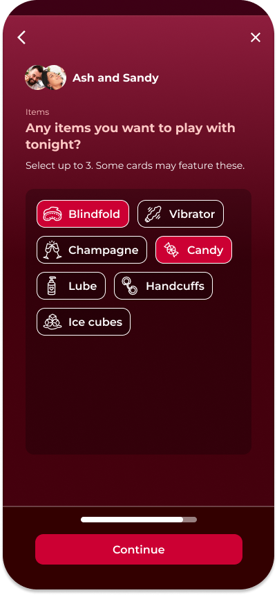 Screenshot of items and toys selection in Love & Lust