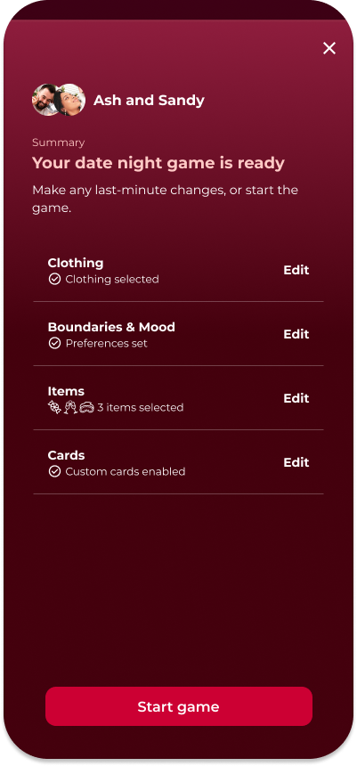 Screenshot of date night game set-up overview in Love & Lust