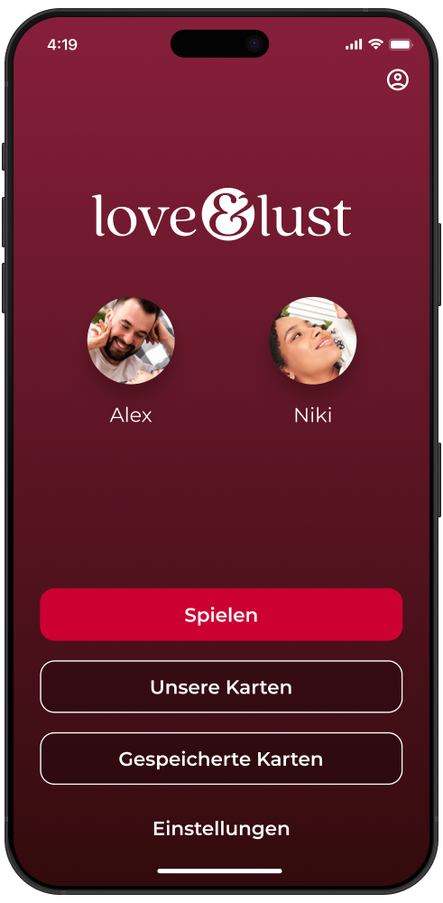 Screenshot of the Love & Lust homescreen showing photos of the couple