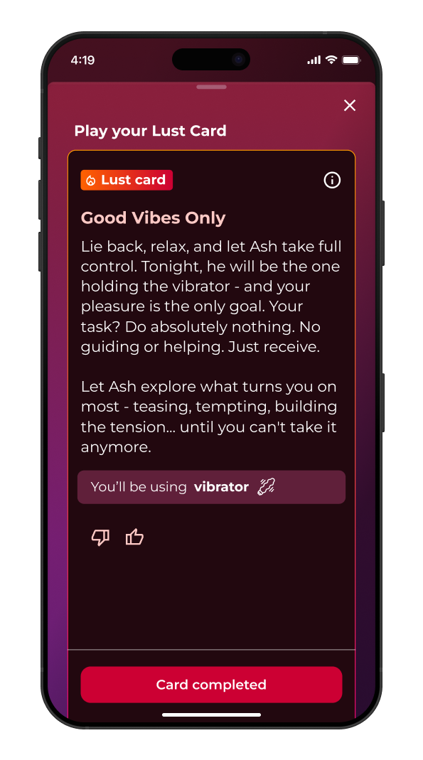 Screenshot of a Lust card in Love & Lust - a spicy game for couples. Lust card describes using a vibrator to pleasure their partner.