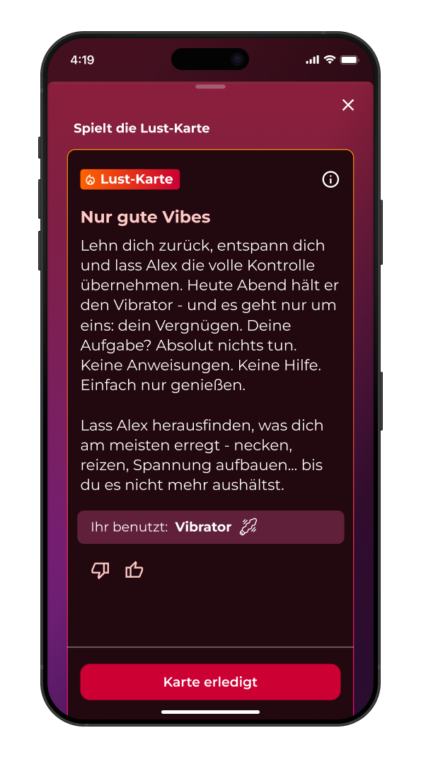 Screenshot einer Lust-Karte in Love & Lust - erotisches Spiel für Paare. Die Lust-Karte beschreibt die Nutzung eines Vibrators an der Partnerin.