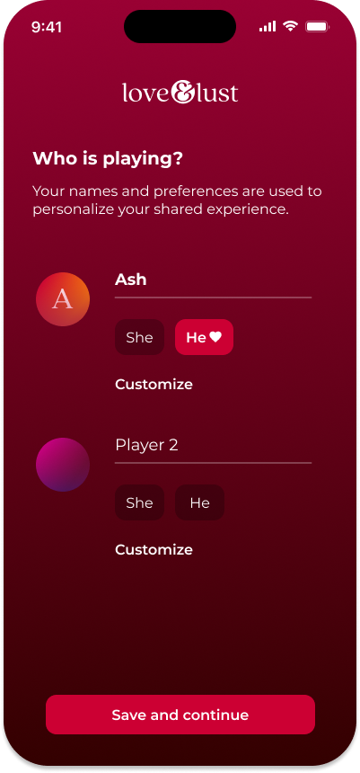 Screenshot of player set-up in Love & Lust