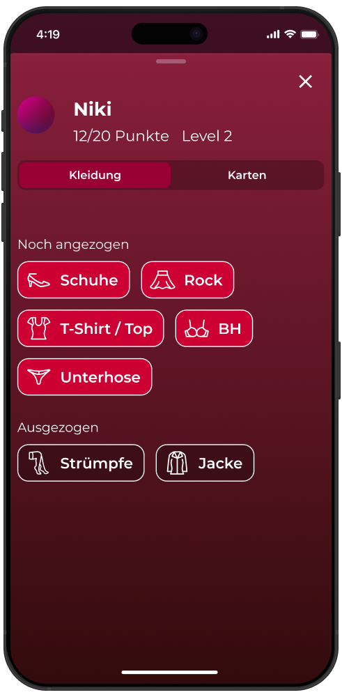 Screenshot of the Love & Lust game showing clothing items such as top, skirt, bra and jacket