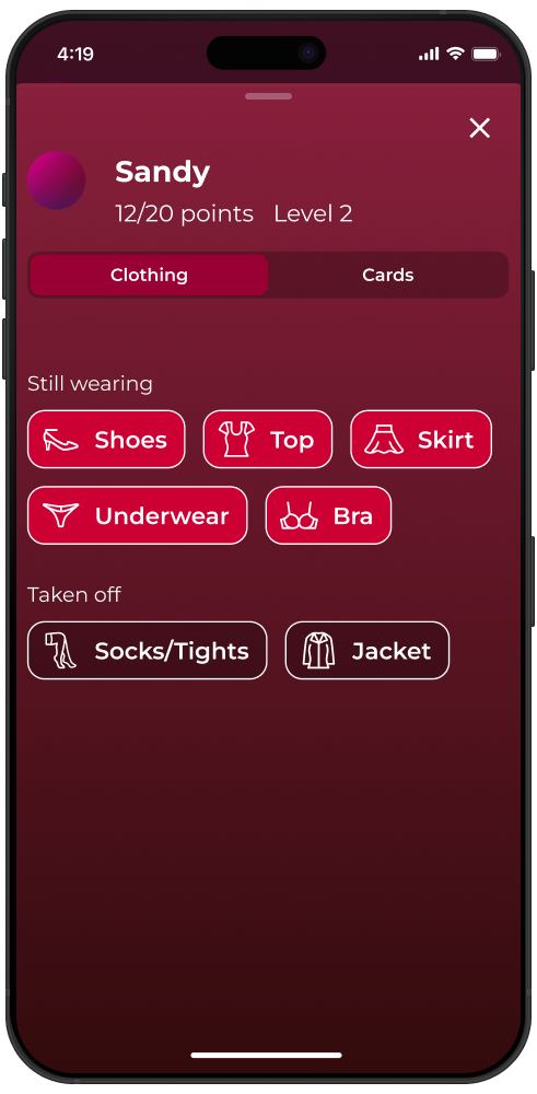 Screenshot of the Love & Lust game showing clothing items such as top, skirt, bra and jacket