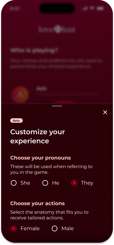 Screenshot of inclusive pronoun anatomy selection in Love & Lust