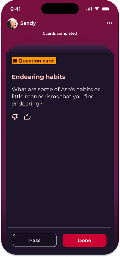 Screenshot of question card in Love & Lust Quick Play