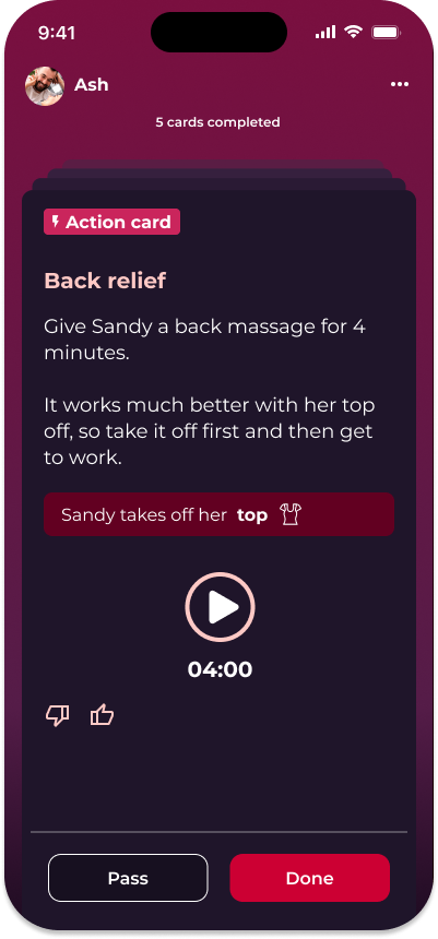 Screenshot of action card in Love & Lust Quick Play