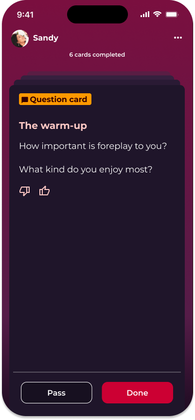 Screenshot of question card in Love & Lust Quick Play