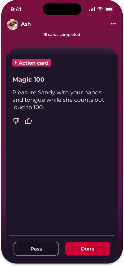 Screenshot of action card in Love & Lust Quick Play