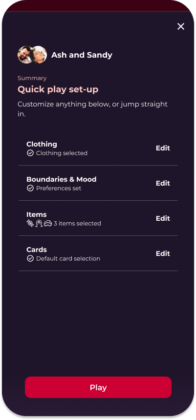 Screenshot of quick play set-up screen