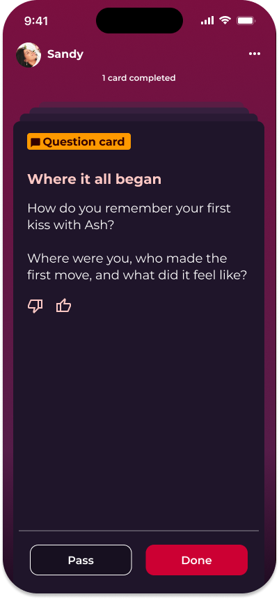 Screenshot of question card in Love & Lust Quick Play
