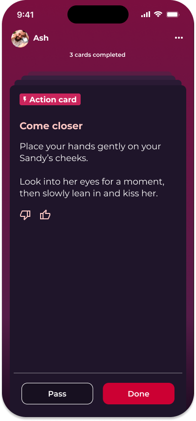 Screenshot of action card in Love & Lust Quick Play