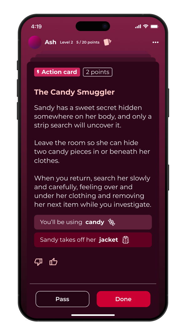 Screenshot of a question card in Love & Lust – a truth or dare game for couples. The card is called "You turn me on" and asks the player what their partner should do that turns them on.