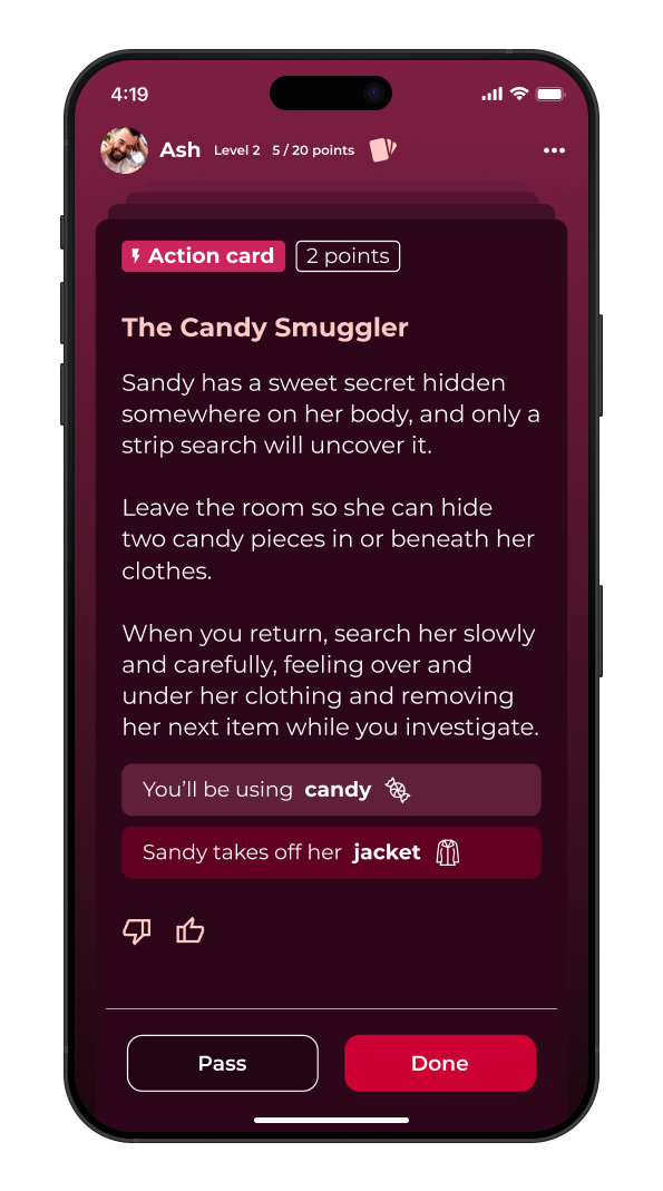 Screenshot of a question card in Love & Lust – a truth or dare game for couples. The card is called "Candy smuggler".