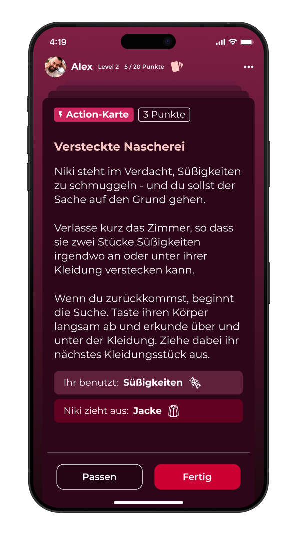 Screenshot einer Karte in Love & Lust – Wahrheit oder Pflicht Spiel für Paare. Die Karte heißt "Versteckte Nascherei"