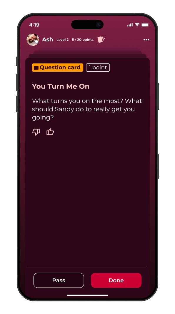 Screenshot of a question card in Love & Lust – a truth or dare game for couples. The card is called "You turn me on" and asks the player what their partner should do that turns them on.