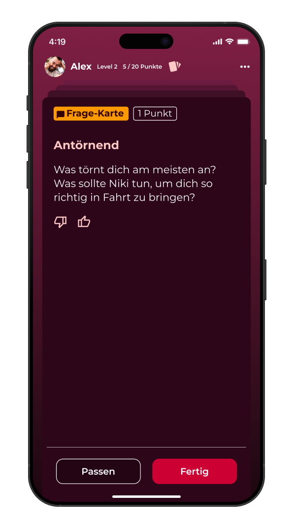 Screenshot einer Frage-Karte in Love & Lust – Wahrheit oder Pflicht für Paare. Die Karte hat den Titel "Antörnend" und fragt den Spieler, was dessen Partnerin tun soll, um ihn anzutörnen.
