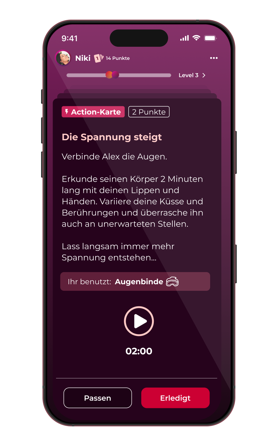 Screenshot einer Frage-Karte in Love & Lust – Wahrheit oder Pflicht für Paare. Die Karte hat den Titel "Antörnend" und fragt den Spieler, was dessen Partnerin tun soll, um ihn anzutörnen.
