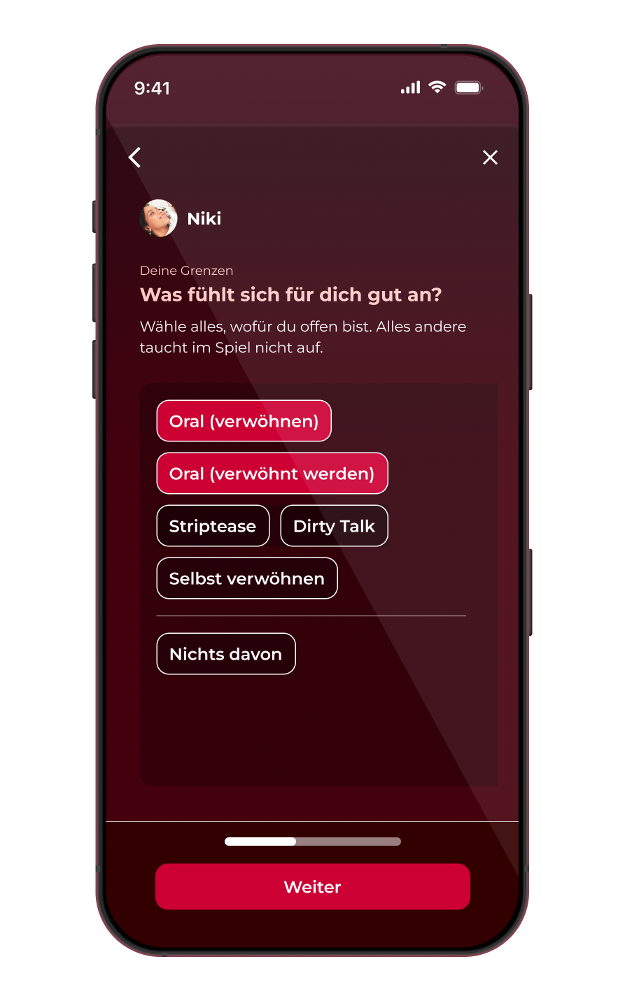 Screenshot einer Lust-Karte in Love & Lust - erotisches Spiel für Paare. Die Lust-Karte beschreibt die Nutzung eines Vibrators an der Partnerin.