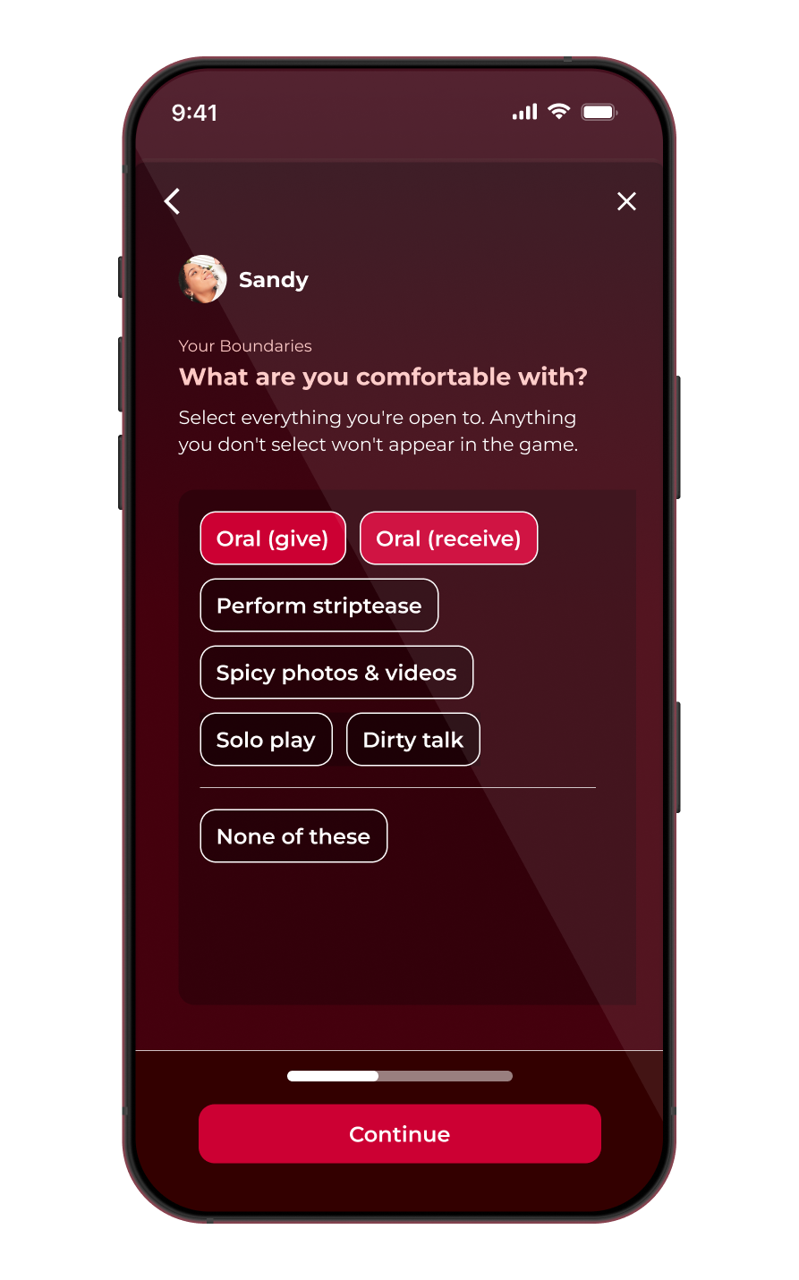 Screenshot of the items selection in Love & Lust - a spicy game for couples. Users can select items such as blindfold, vibrator or candy.