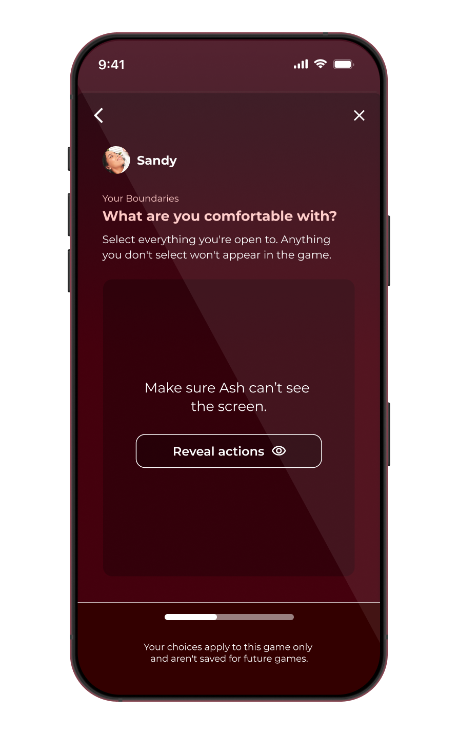 Screenshot of the boundaries selection in Love & Lust - a spicy game for couples.