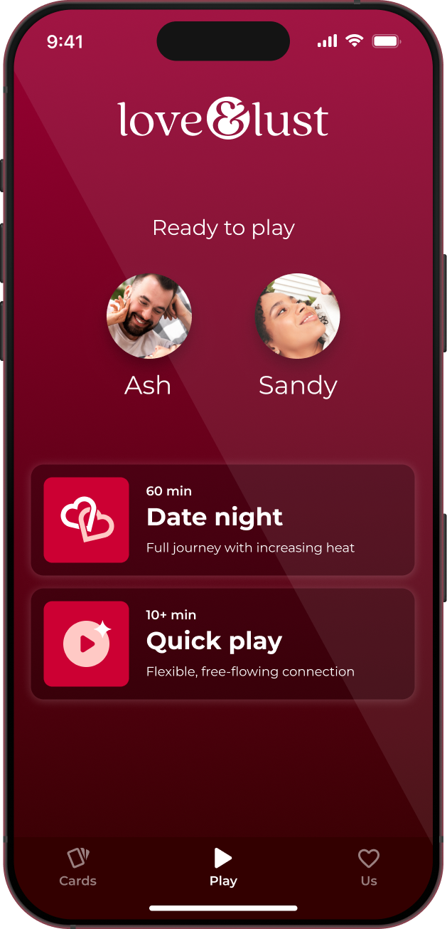 Screenshot of home screen in Love & Lust couples game app