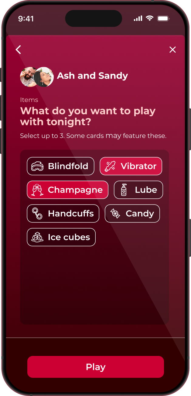 Screenshot of items selection in Love & Lust couples game app