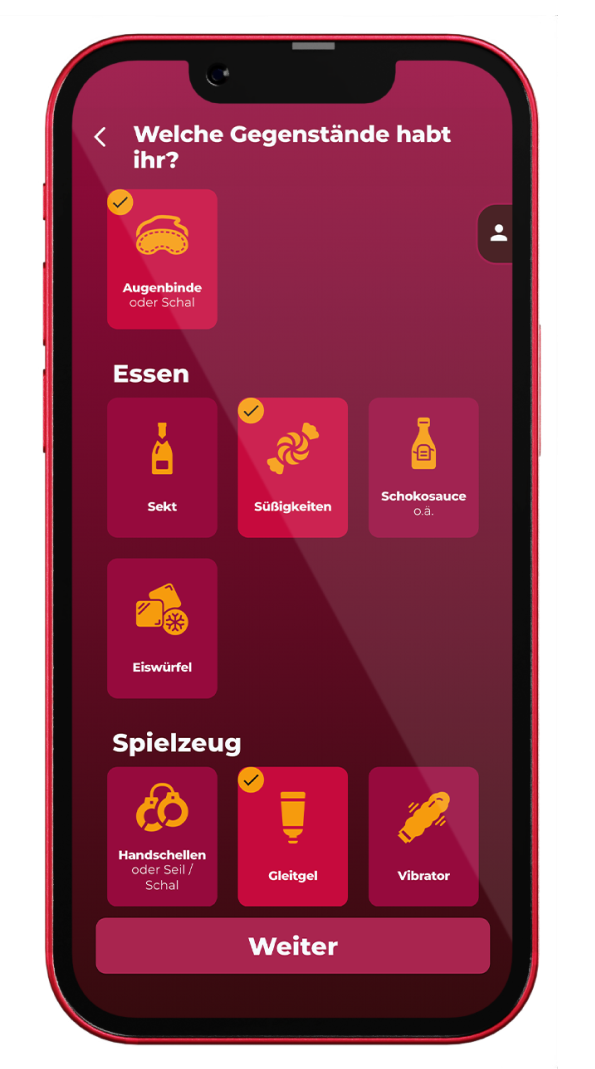 Screenshot des Gegenstände-Auswahl-Bildschirms in Love & Lust – einem Spiel für Paare 18+. Ausgewählt: Augenbinde, Süßigkeiten, Gleitgel