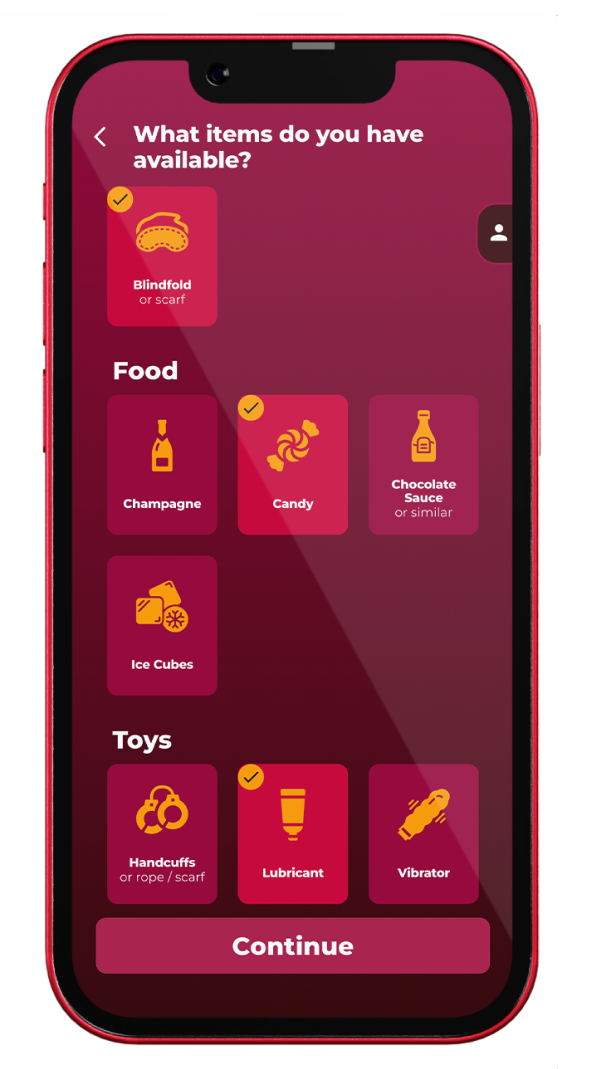 Screenshot of the items selection in Love & Lust - a spicy game for couples. Users can select items such as blindfold, vibrator or candy.
