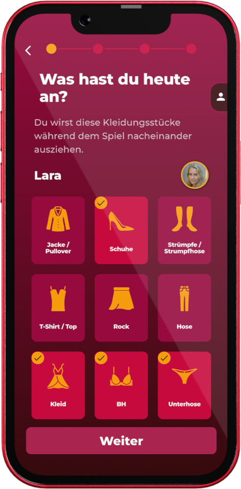 Screenshot des Kleidungsauswahl-Screens in der App Love & Lust - Spiel für Paare